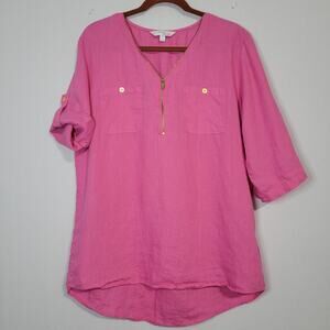 Company Ellen Tracy linen roll tab sleeve tunic top size L in peony, coastal